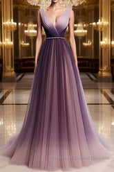 A Line V Neck Purple Ombre Semi Formal Prom Dresses, V Neck Purple Ombre Formal Evening Bridesmaid Dresses